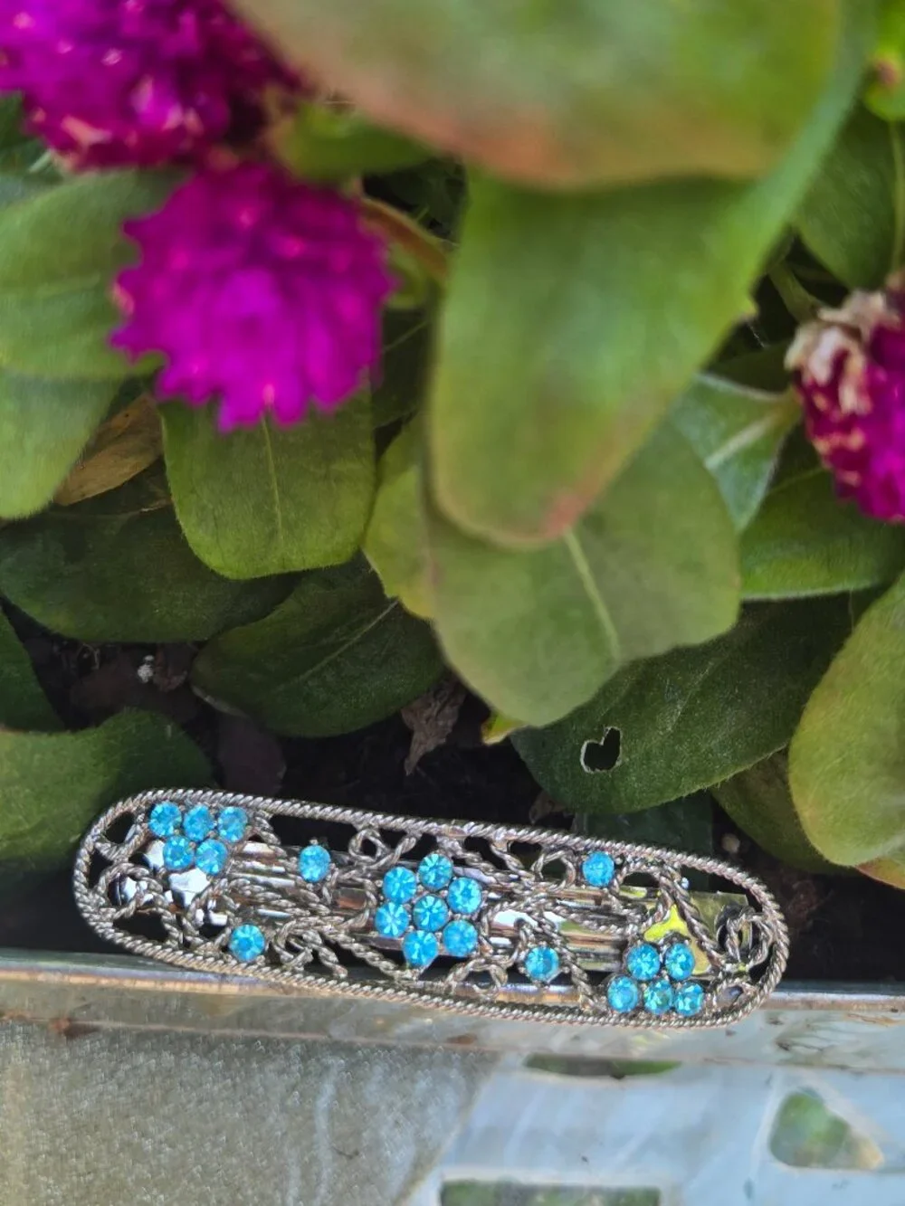 Something Blue Rhinestone Hair Clip - Vintage Silver & Blue Floral Bridal Barret